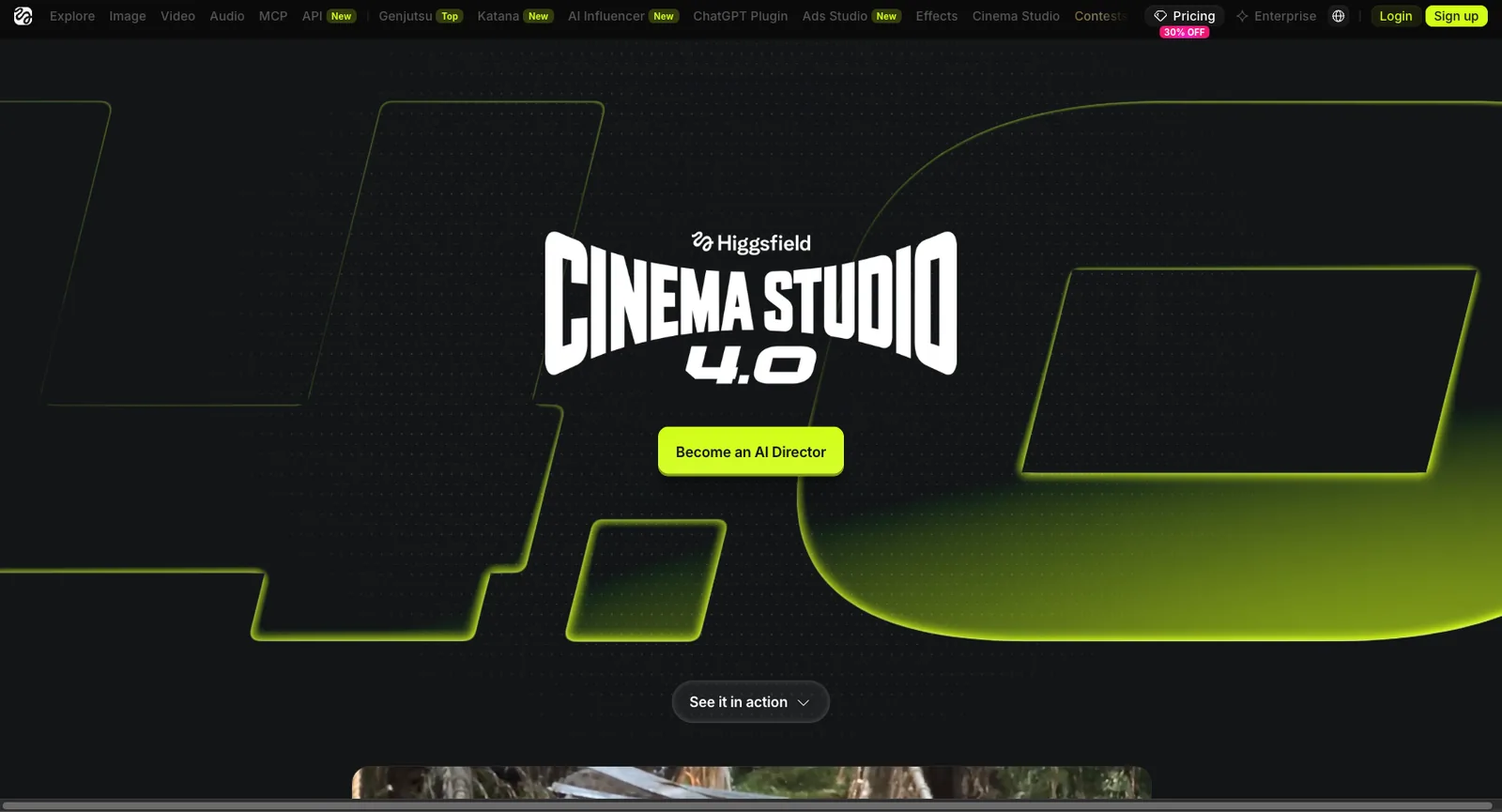 Higgsfield Cinema Studio 4.0 landing page with a Become an AI Director button