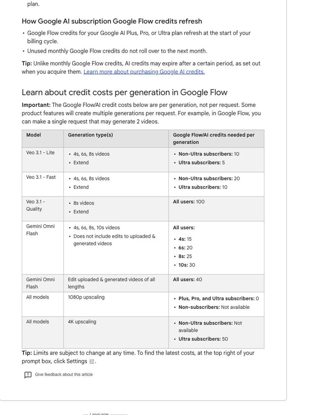 Google Flow help table showing current Veo 3.1 Lite, Fast, and Quality credit costs per generation.