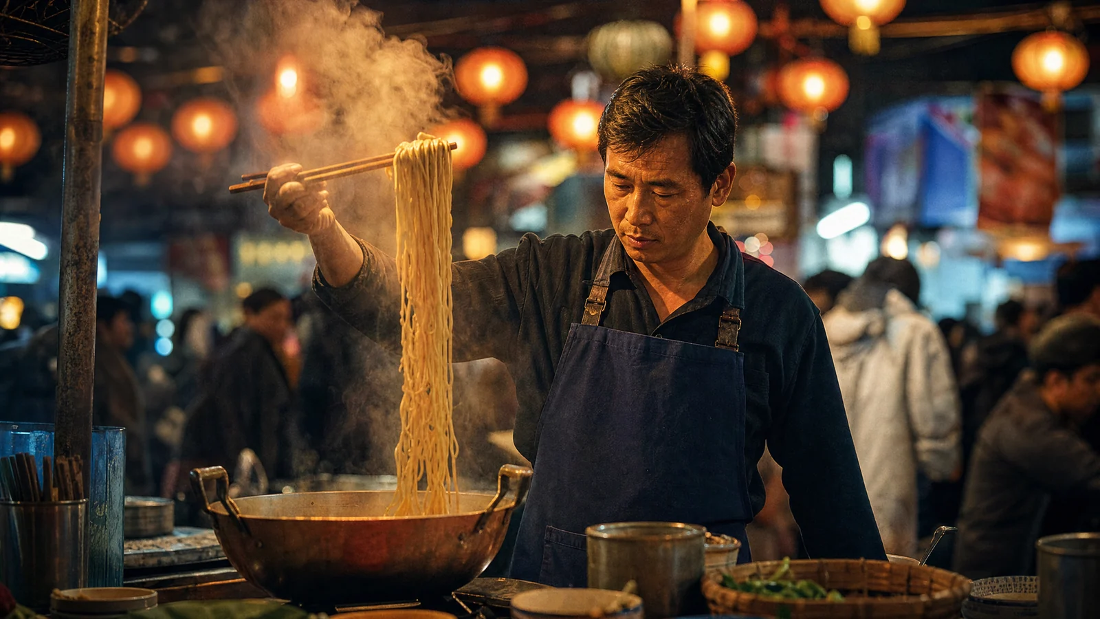 Night market noodle vendor lifting steaming noodles from a copper wok under warm paper lanterns
