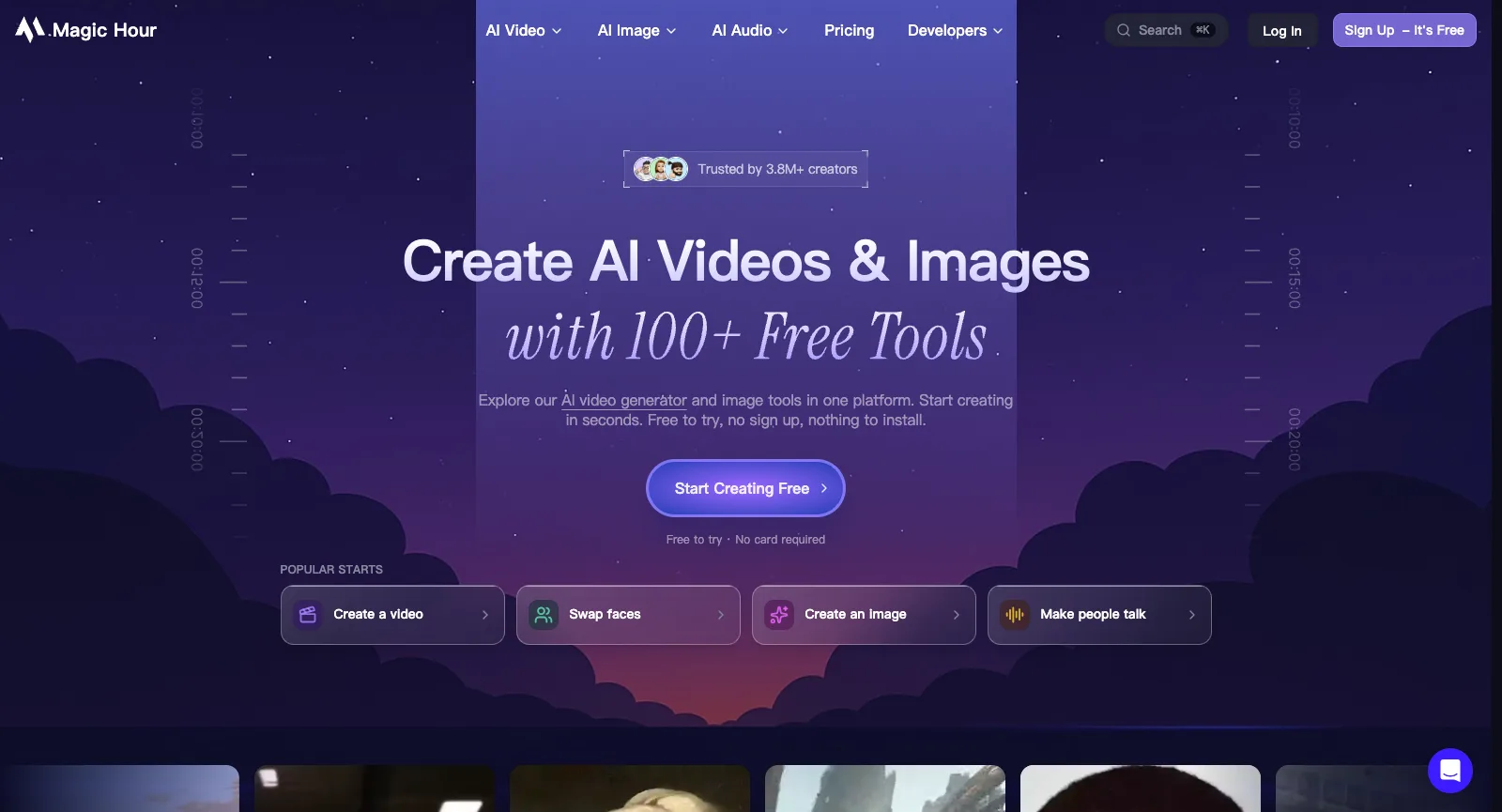 Strona główna Magic Hour bez logowania: Create AI Videos & Images with 100+ Free Tools, dopisek o ponad 3,8 mln twórców oraz Create a video, Swap faces, Create an image i Make people talk