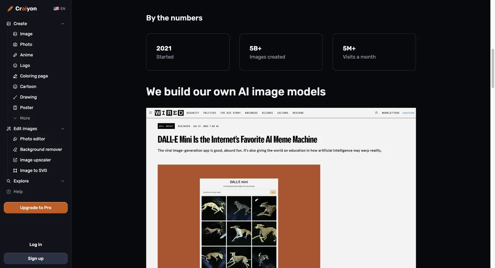 Page About us de Craiyon, déconnecté, à la section By the numbers : 2021 Started, 5B+ Images created, 5M+ Visits a month, et We build our own AI image models avec un article de WIRED sur DALL-E Mini