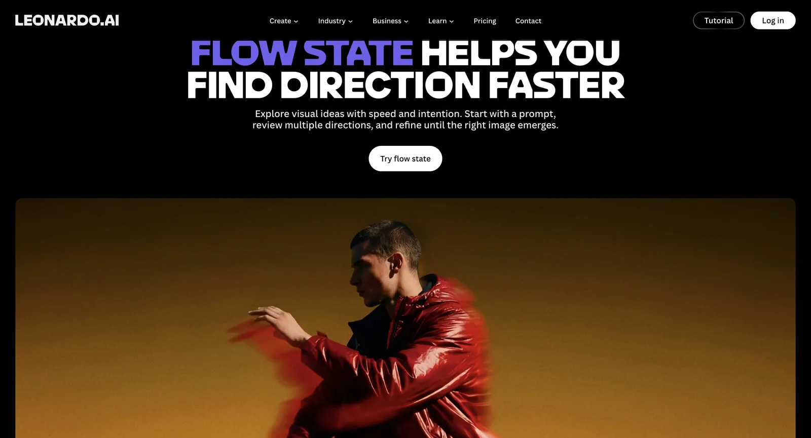 Strona Flow State w Leonardo AI bez logowania: Flow State pomaga szybciej znaleźć kierunek, z przyciskiem Try flow state