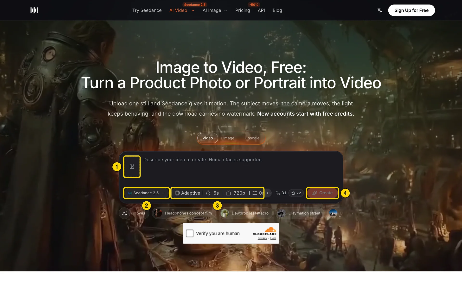 Seedance AI image-to-video workspace with Seedance 2.5 selected, showing the image upload slot, model picker, settings, and Create button