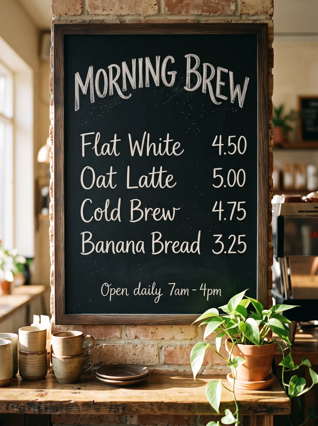 Nano Banana 2.1 · Chalkboard menu with exact prices