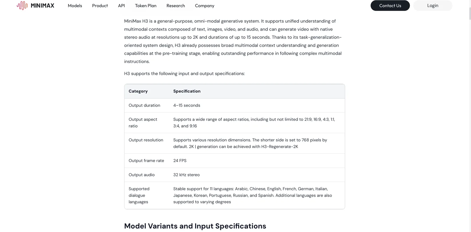 MiniMax H3 input and output specification table showing duration, aspect ratios, resolution, frame rate, stereo audio, and dialogue languages