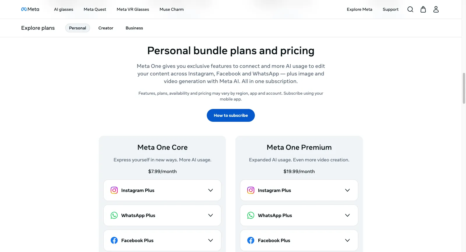 Pagina dei piani Meta One su meta.com, Personal bundle plans and pricing: Meta One Core a $7.99/mese e Meta One Premium a $19.99/mese, ciascuno con Instagram Plus, WhatsApp Plus e Facebook Plus