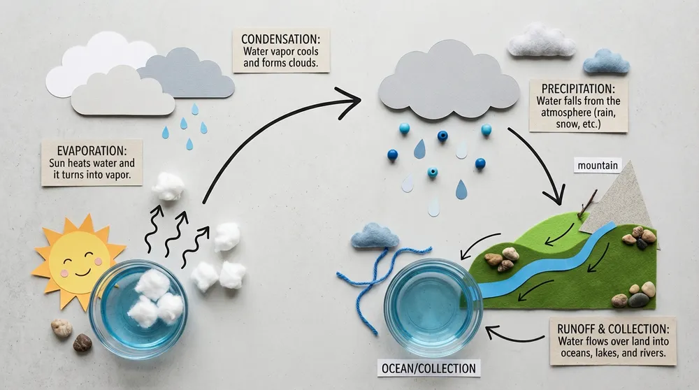 Google official Nano Banana 2 water-cycle infographic with labeled evaporation, condensation, precipitation, runoff, and collection steps