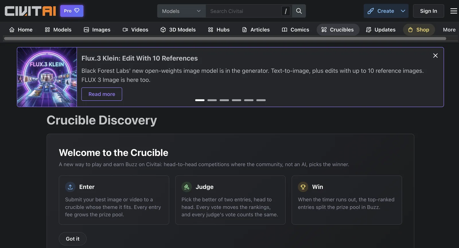 صفحة Crucible Discovery في Civitai دون تسجيل الدخول: ترحيب بـCrucible مع خطوات Enter وJudge وWin
