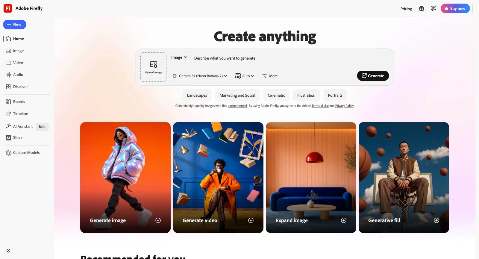 Startseite von Adobe Firefly, abgemeldet: Prompt-Feld Create anything mit Image-Modus und ausgewähltem Gemini 3.1 (Nano Banana 2), Stil-Chips sowie die Karten Generate image, Generate video, Expand image und Generative fill