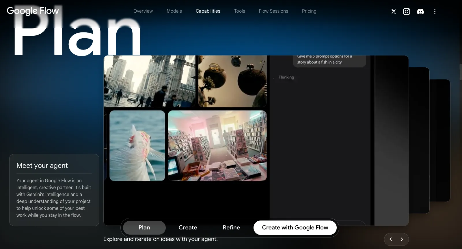صفحة About في Google Flow دون تسجيل الدخول: قدرة Plan بعنوان Meet your agent، مع طلب خيارات موجّهات بجانب مشاهد مُولَّدة