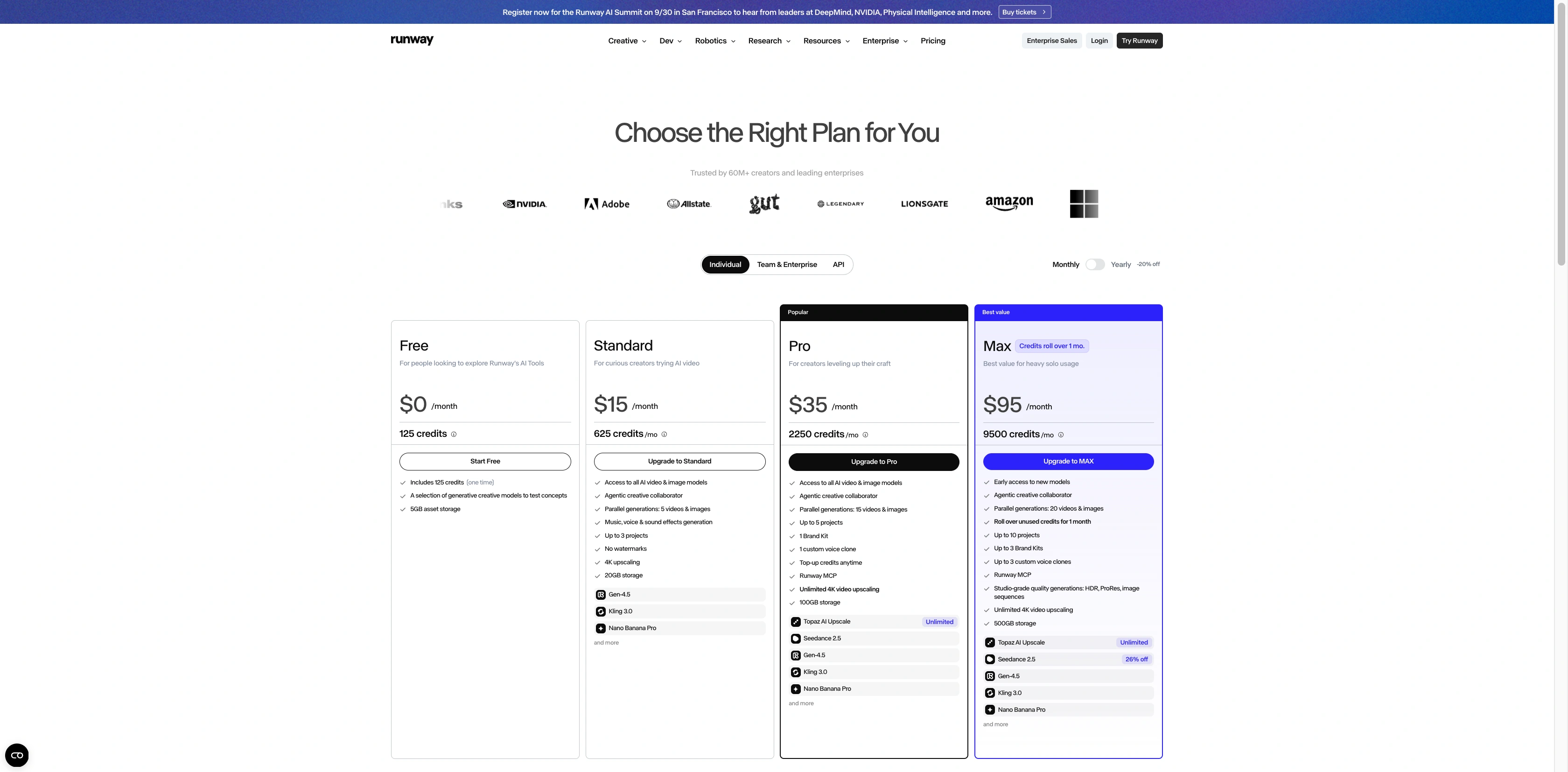 Runway pricing page showing its current free, Standard, Pro, and Max plan structure.
