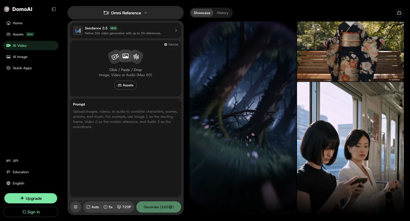 DomoAI Omni Reference workspace, logged out: Seedance 2.5, native 30s video generation with up to 50 references, a drop zone for image, video or audio, 5s, 720P and Generate (160 credits)