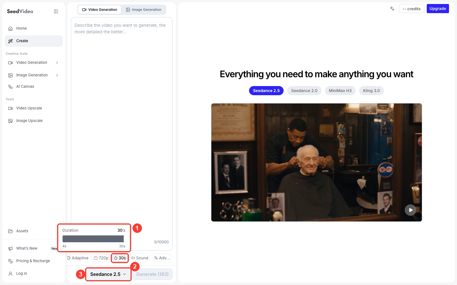 Генератор Seedance AI с выбранной моделью Seedance 2.5 и ползунком длительности на 30 секундах в 720p