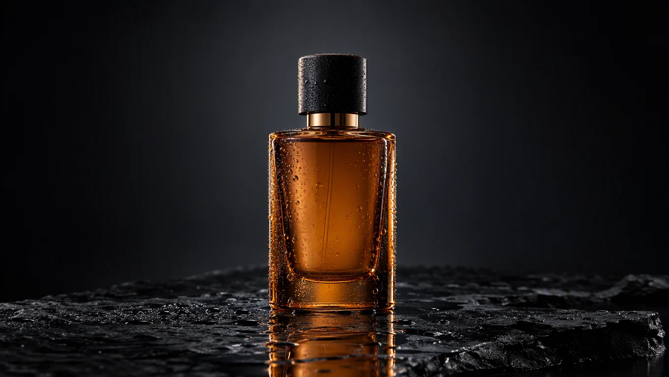 Frasco de perfume ámbar con condensación sobre pizarra negra húmeda bajo luz de contorno
