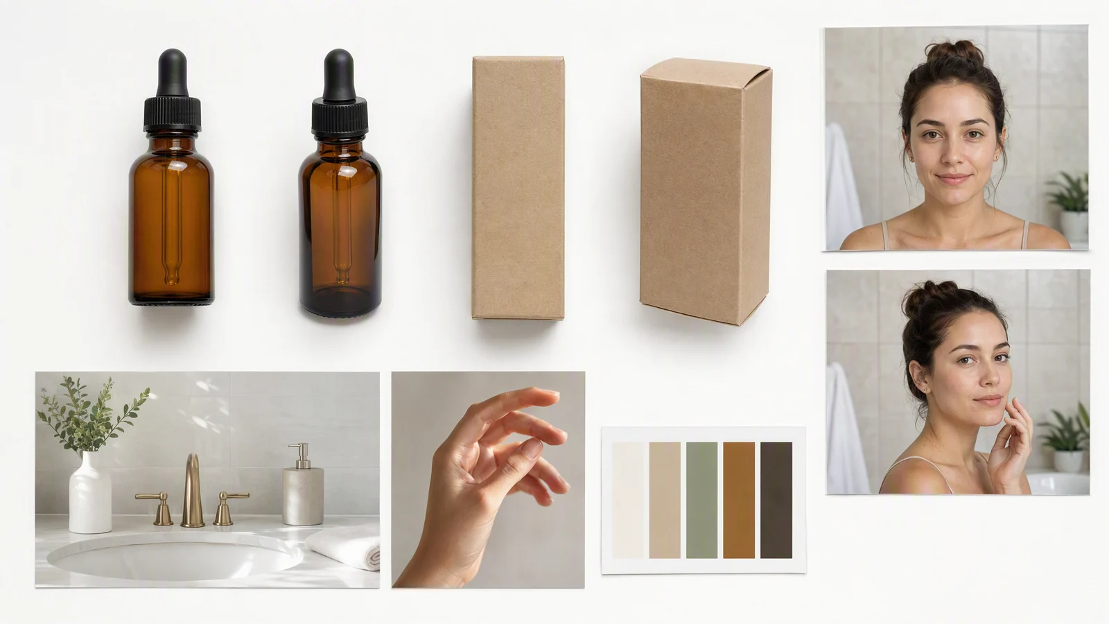 Ein übersichtliches Referenz-Kit mit bernsteinfarbenen Flaschen, Verpackungsformen, Creator-Porträts, einer Badezimmerkulisse, einer Handhaltung und einer Farbpalette