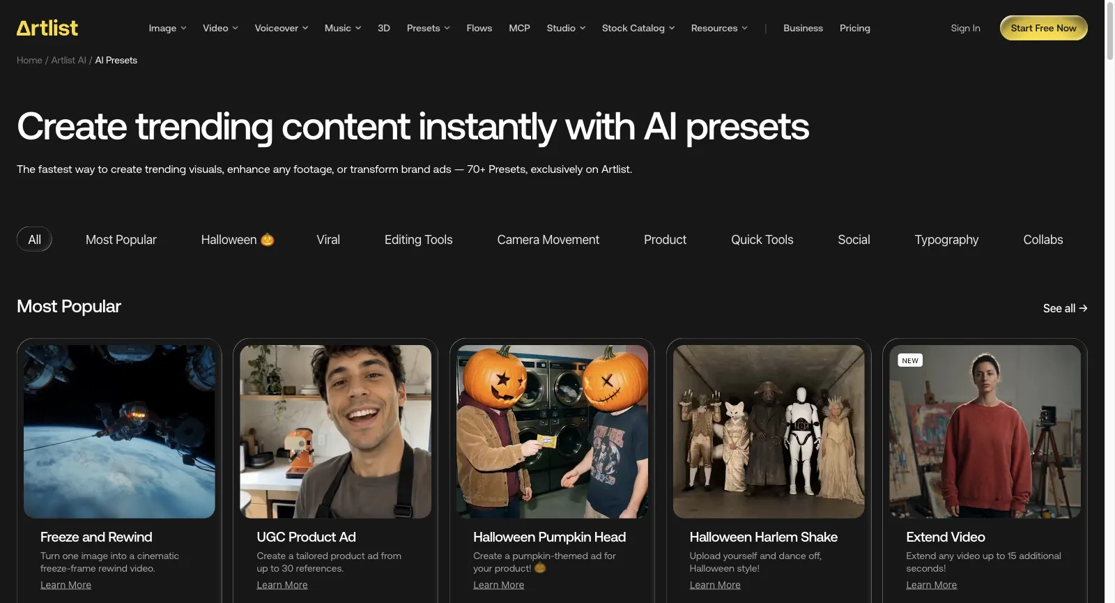 Strona AI Presets w Artlist, bez logowania: Create trending content instantly with AI presets, 70+ Presets, zakładki kategorii i karty Most Popular, takie jak Freeze and Rewind, UGC Product Ad i Extend Video