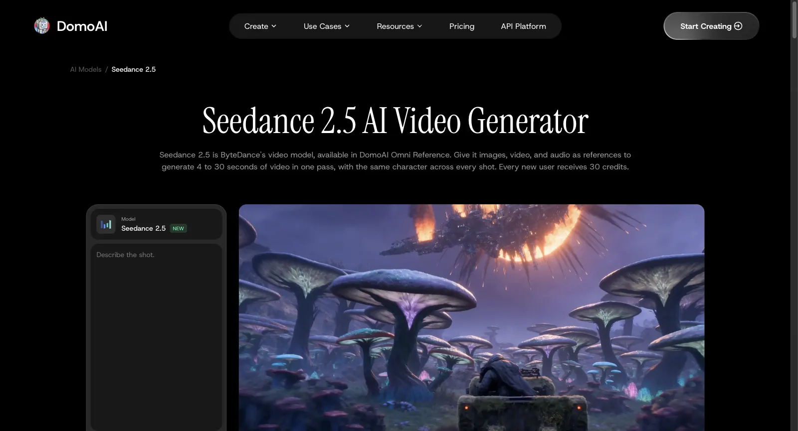 DomoAI Seedance 2.5 model page, logged out: Seedance 2.5 AI Video Generator, 4 to 30 seconds of video in one pass, Every new user receives 30 credits, with a Describe the shot box