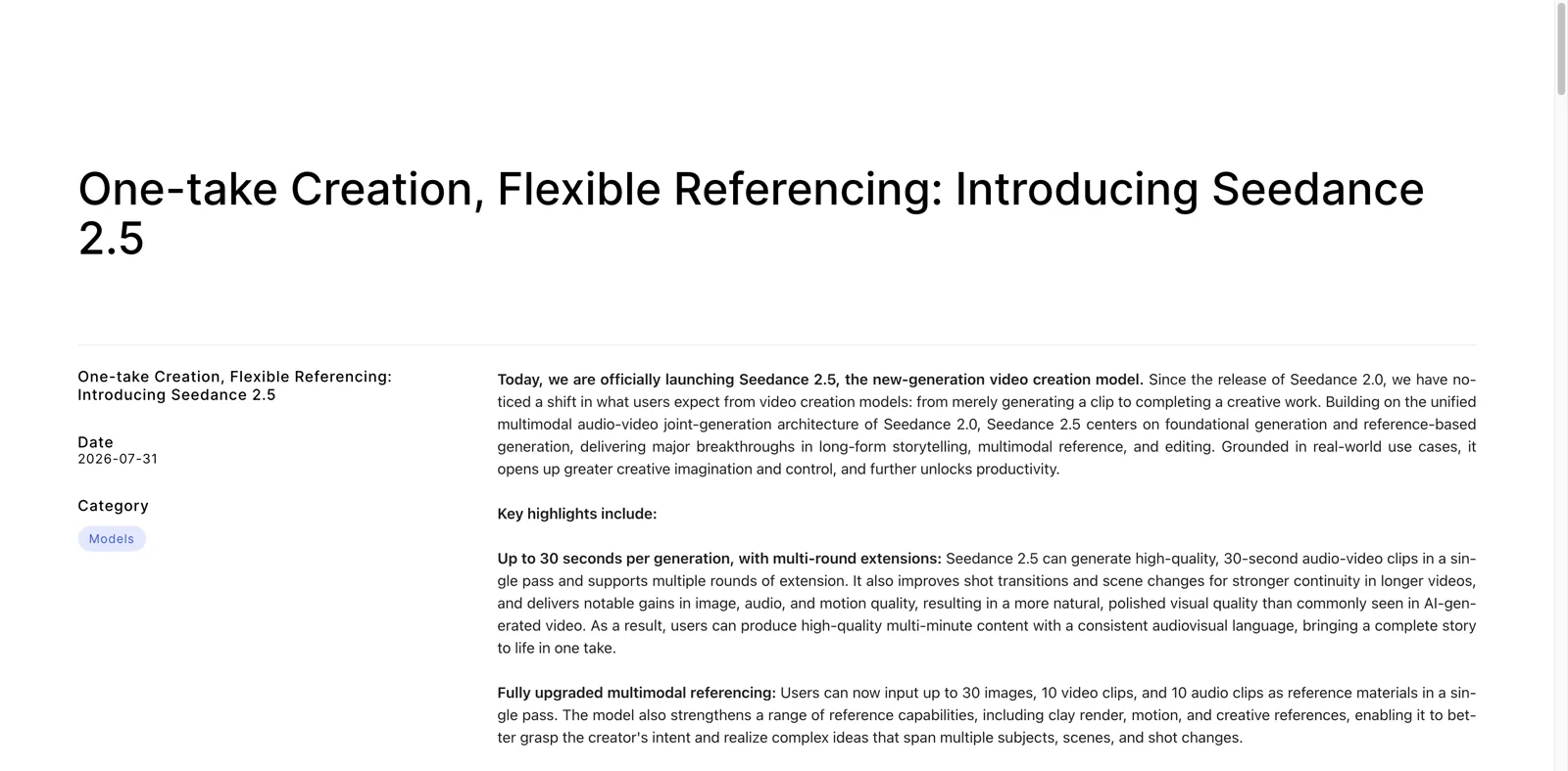 ByteDance Seedance 2.5 launch article showing the 30-second generation and multimodal reference highlights