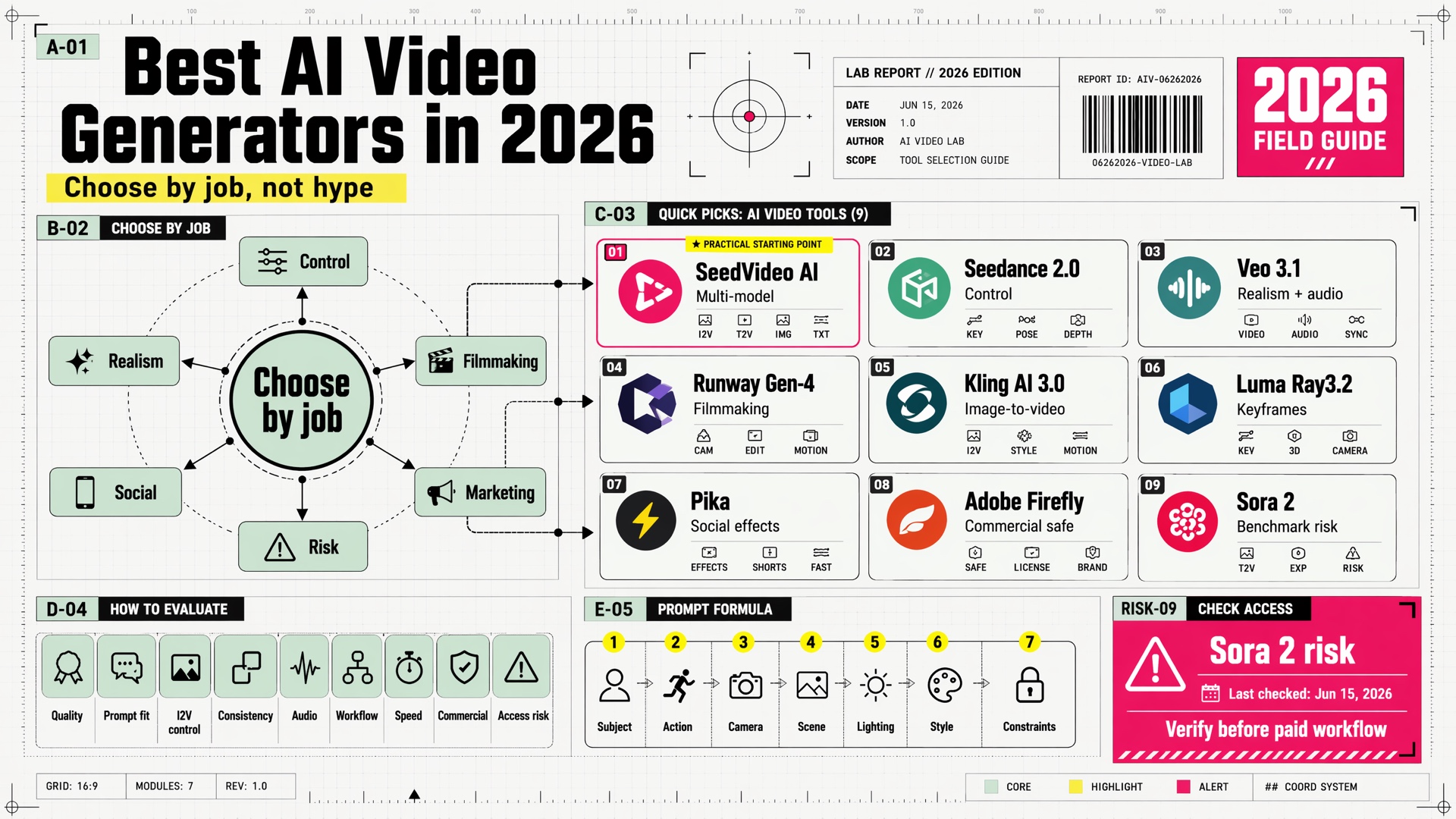 Best AI video generators in 2026 infographic comparing Seedance AI, Seedance, Veo, Runway, Kling, Pika, Firefly, and Sora by workflow