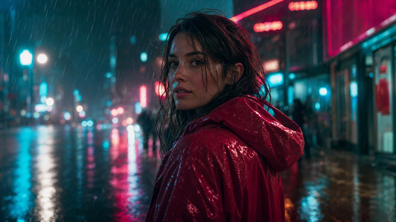 Woman in a red rain jacket on a neon-lit rainy street at night, turning her head toward the camera