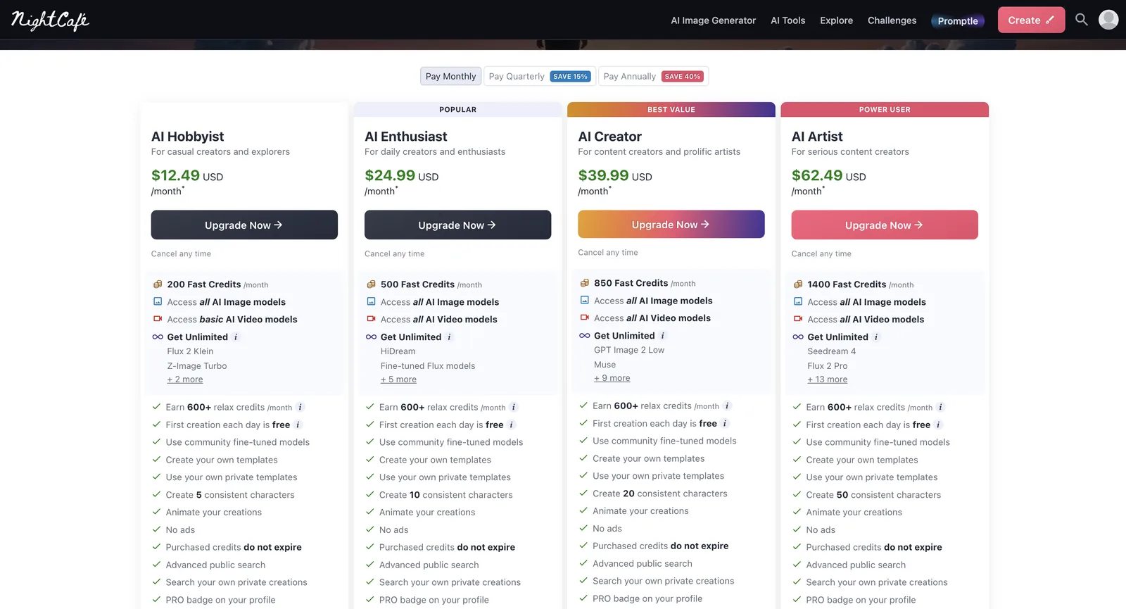 NightCafe-Preisseite, Pay Monthly: AI Hobbyist $12.49, AI Enthusiast $24.99, AI Creator $39.99 und AI Artist $62.49 im Monat, mit 200, 500, 850 und 1.400 Fast Credits