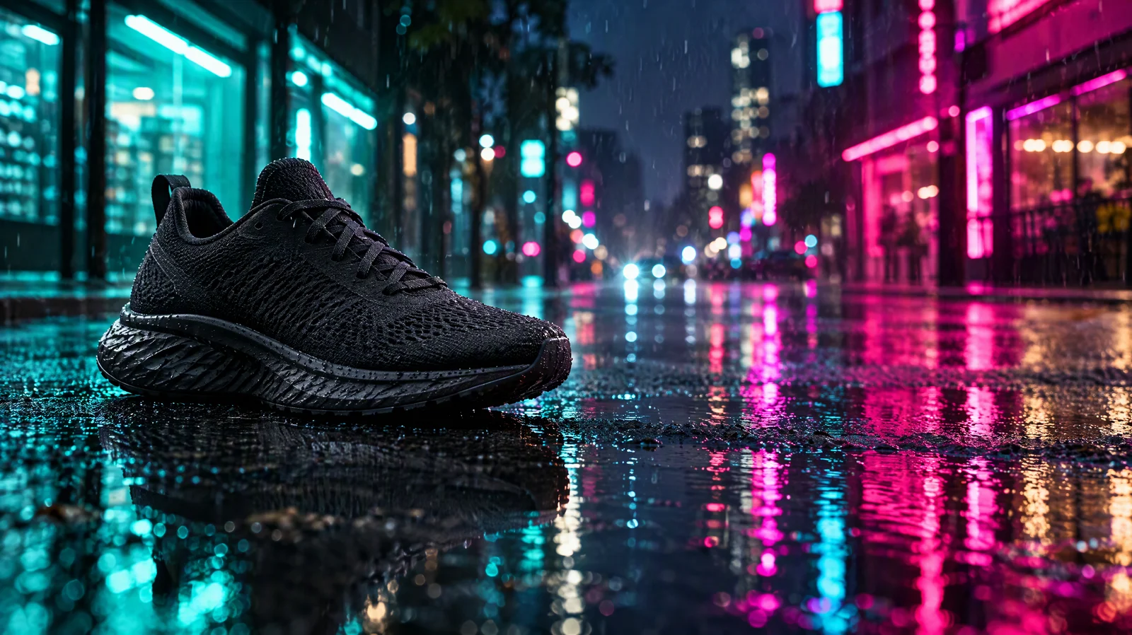 Matte black running shoe on wet asphalt at night, teal and magenta neon signs reflected in puddles, low camera angle with light rain