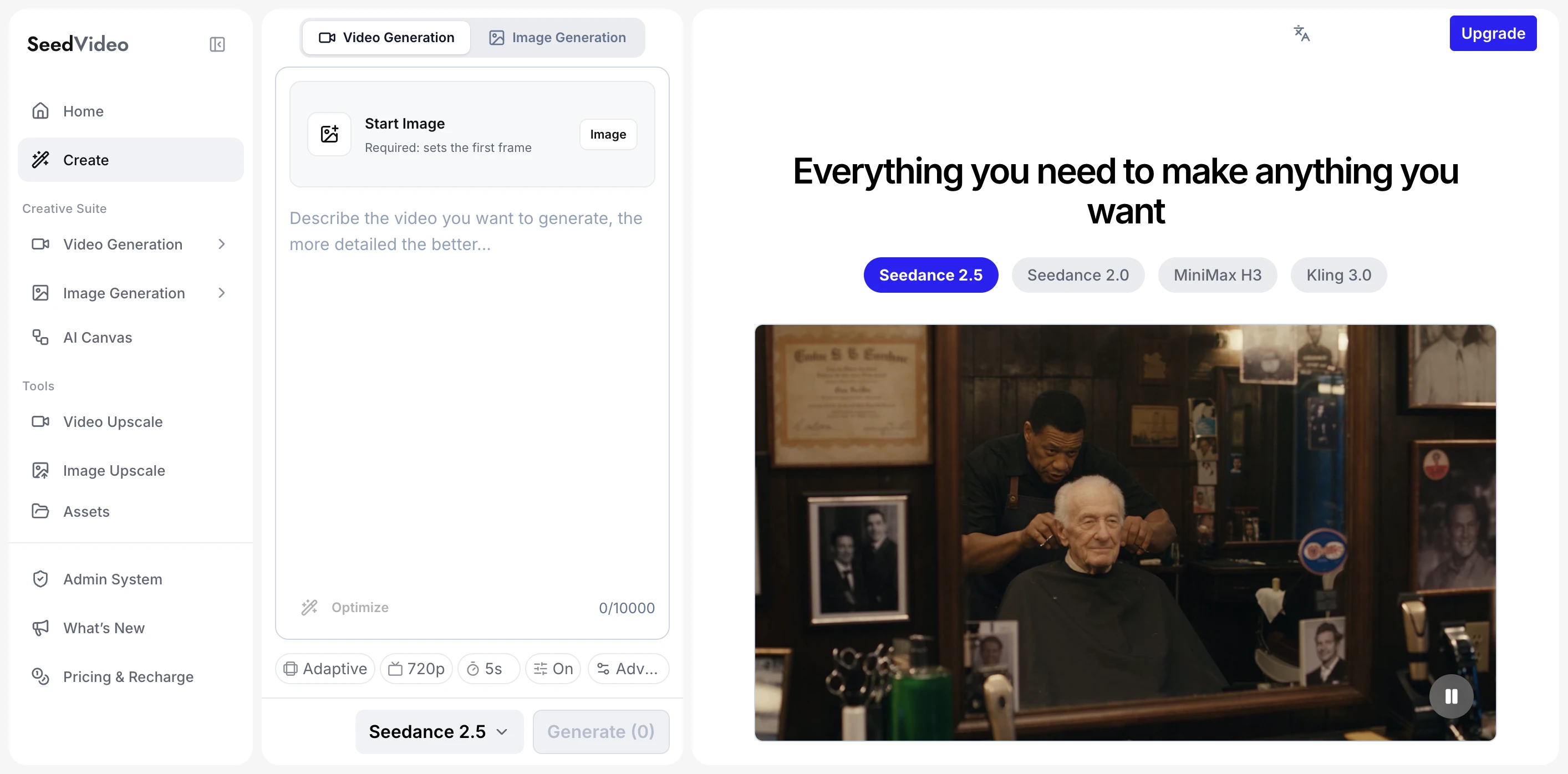Full English Seedance AI image-to-video workspace with the Start Image and Seedance 2.5 controls