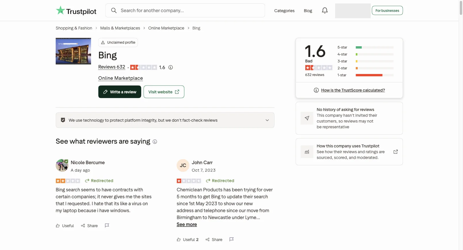 Bing على Trustpilot: ملف غير مُطالَب به، وTrustScore 1.6 من 632 مراجعة، ولا سجل لطلب مراجعات