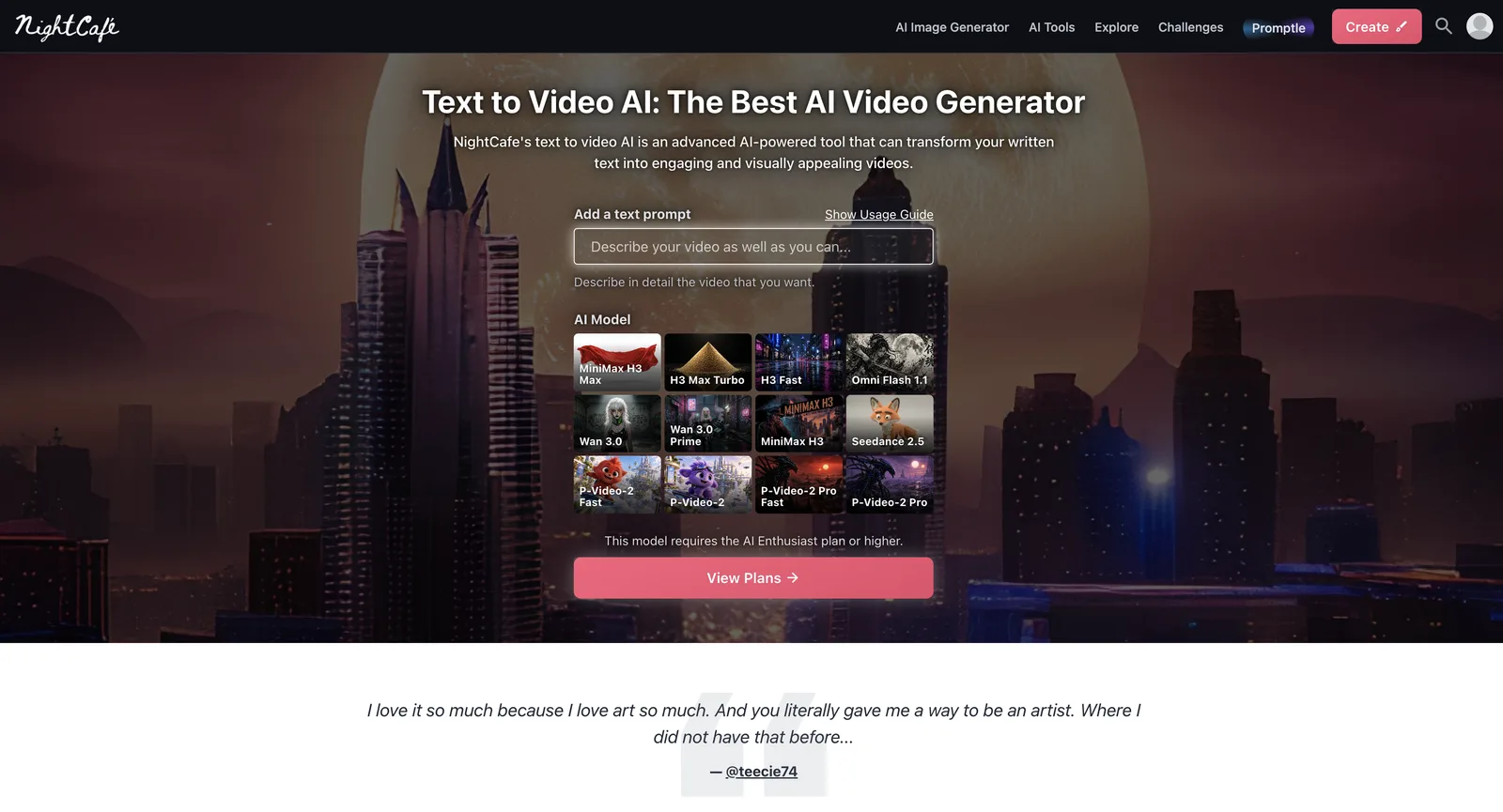 NightCafe-Seite Text to Video AI, abgemeldet: Videomodell-Auswahl mit MiniMax H3, Omni Flash 1.1, Wan 3.0, Seedance 2.5 und P-Video-2 und dem Hinweis, dass das Modell den Plan AI Enthusiast oder höher voraussetzt