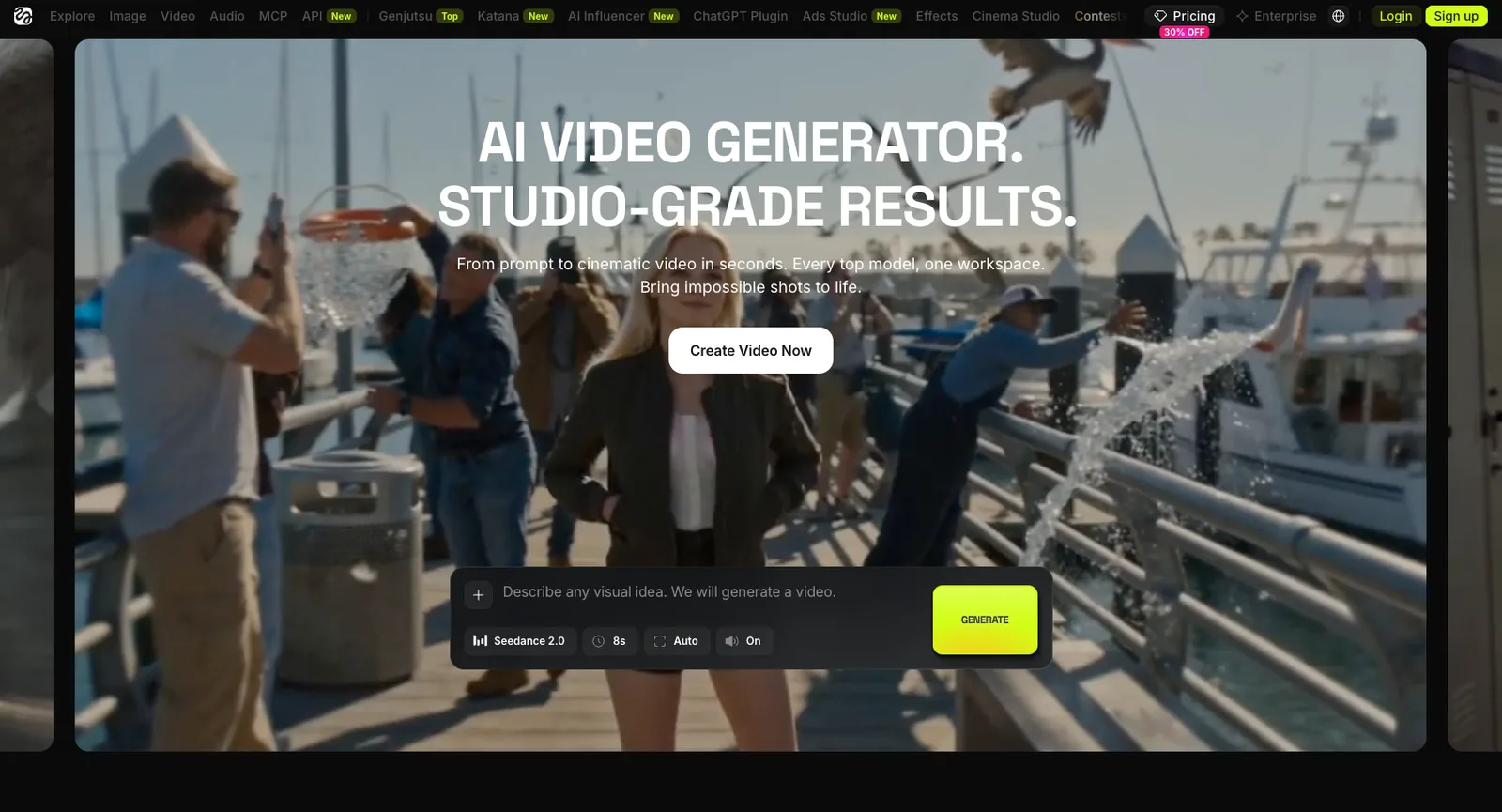 Higgsfield AI video generator page with a prompt box set to Seedance 2.0 over a cinematic hero clip