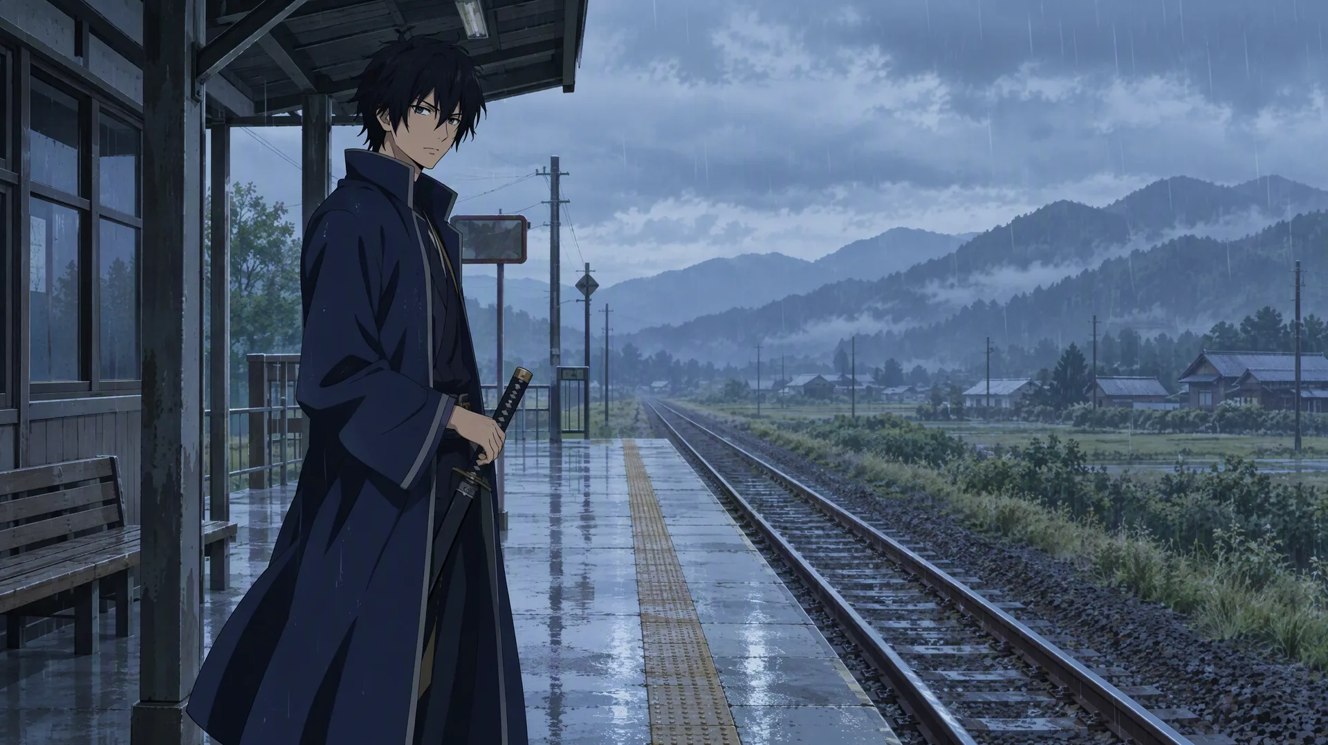 Black-haired young swordsman in a long navy coat stands on a rainy rural train platform in cel-shaded anime style