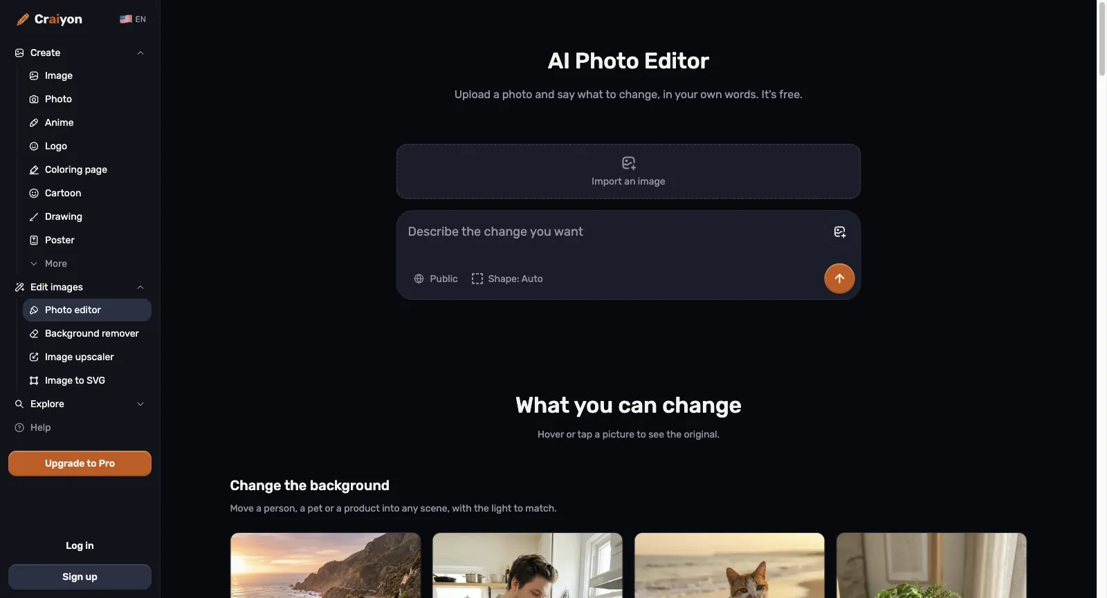 AI Photo Editor de Craiyon, déconnecté : Import an image, la zone Describe the change you want et What you can change avec des exemples Change the background