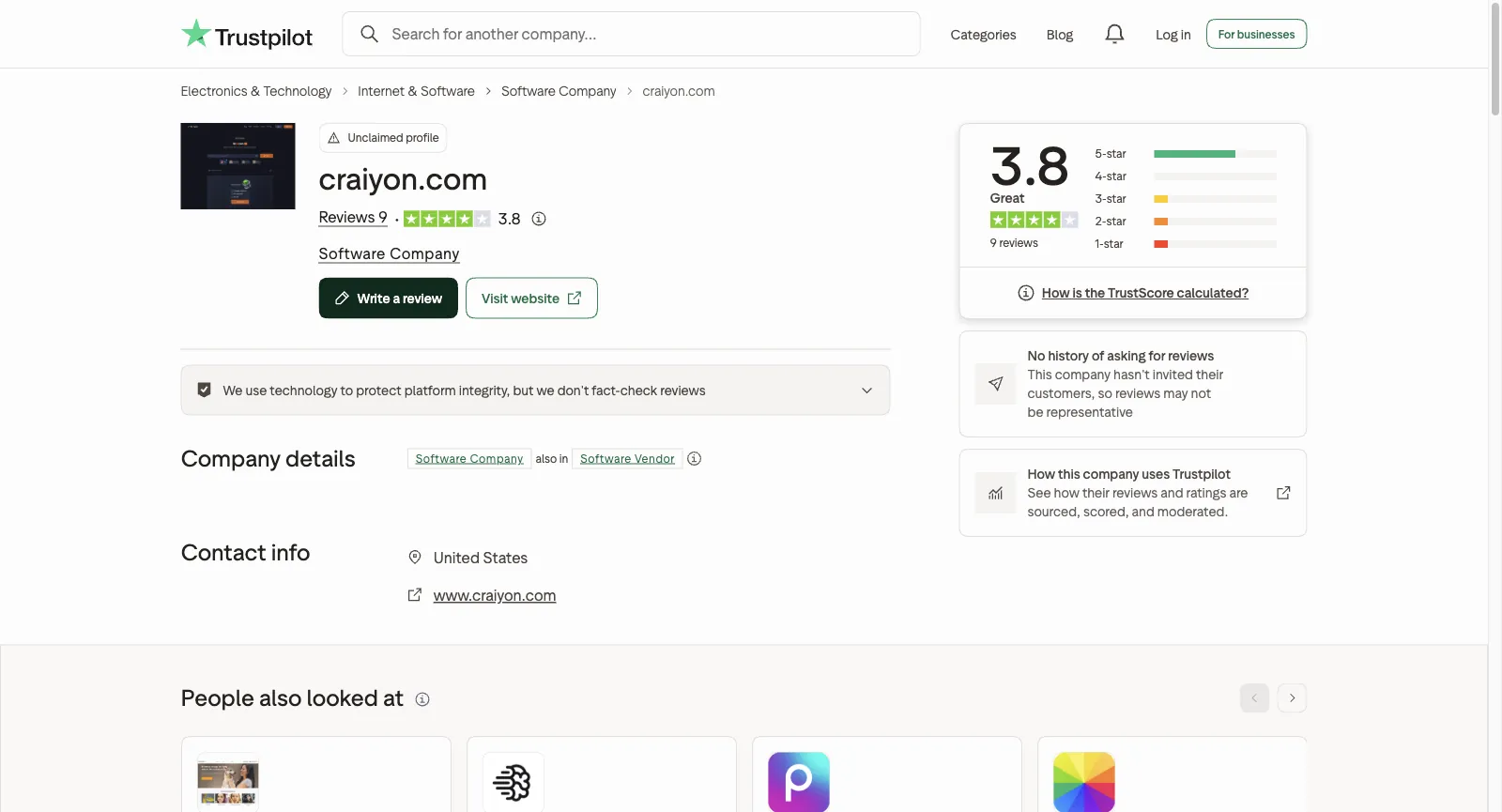 craiyon.com sur Trustpilot : profil non revendiqué, TrustScore de 3,8 sur 9 avis, aucun historique de sollicitation d’avis