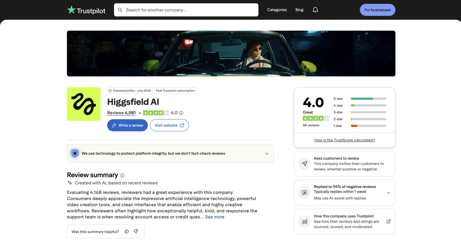 Higgsfield AI on Trustpilot: 4.0 TrustScore from 4,981 reviews, claimed profile