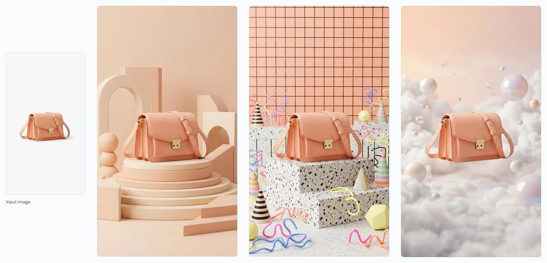 Google official Nano Banana 2.1 example: one peach crossbody bag kept consistent across three product sets