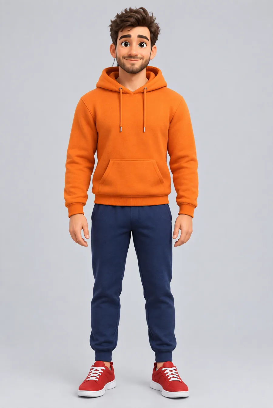 Full-body cartoon-style man in an orange hoodie, navy joggers and red sneakers standing on a plain gray background