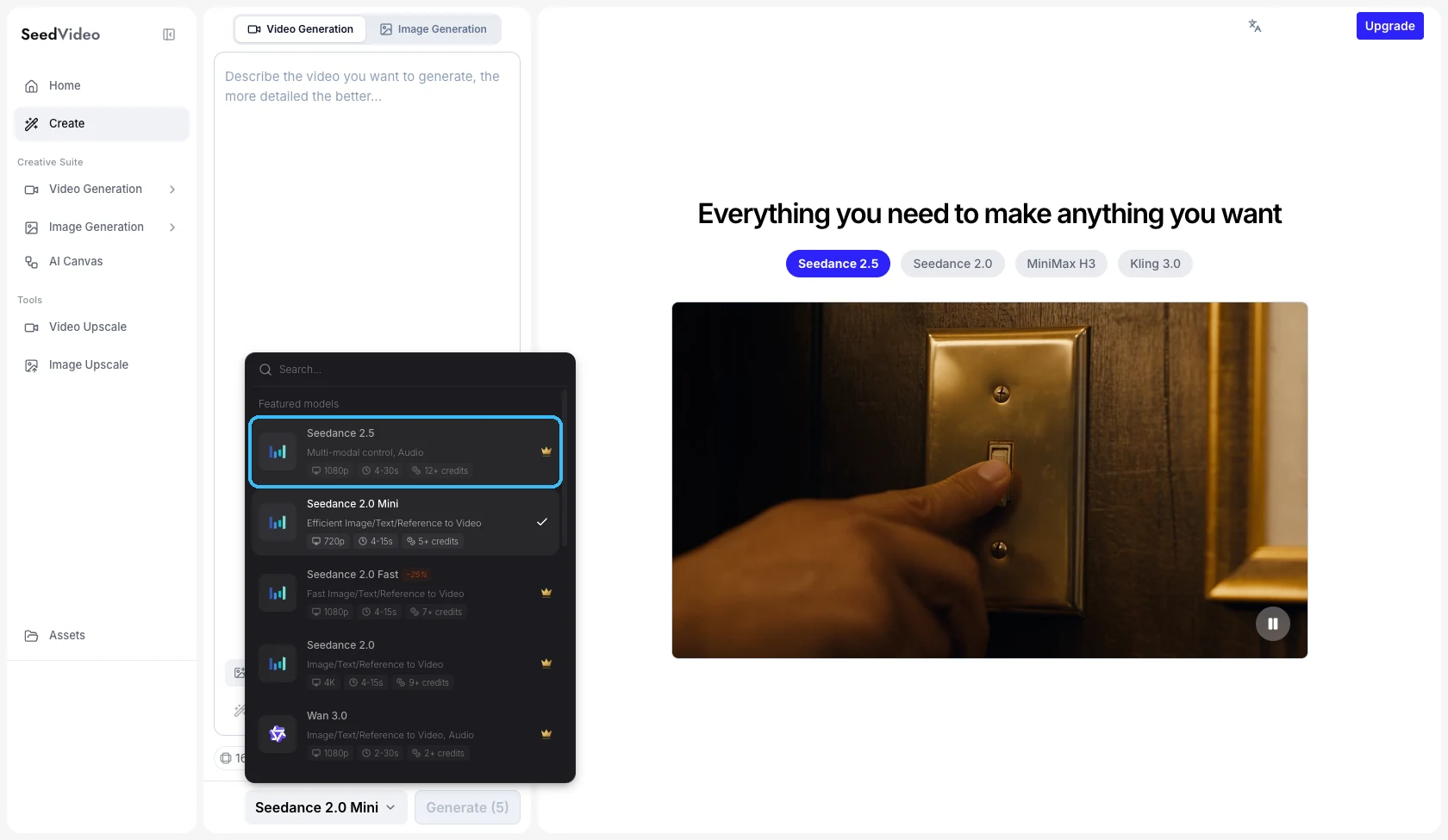 Seedance AI video generator with the model menu open and Seedance 2.5 outlined, listed with 1080p, 4-30s and 12+ credits