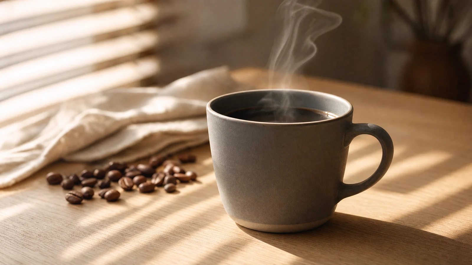 Ceramic coffee cup on an oak counter with steam curling upward through striped morning light