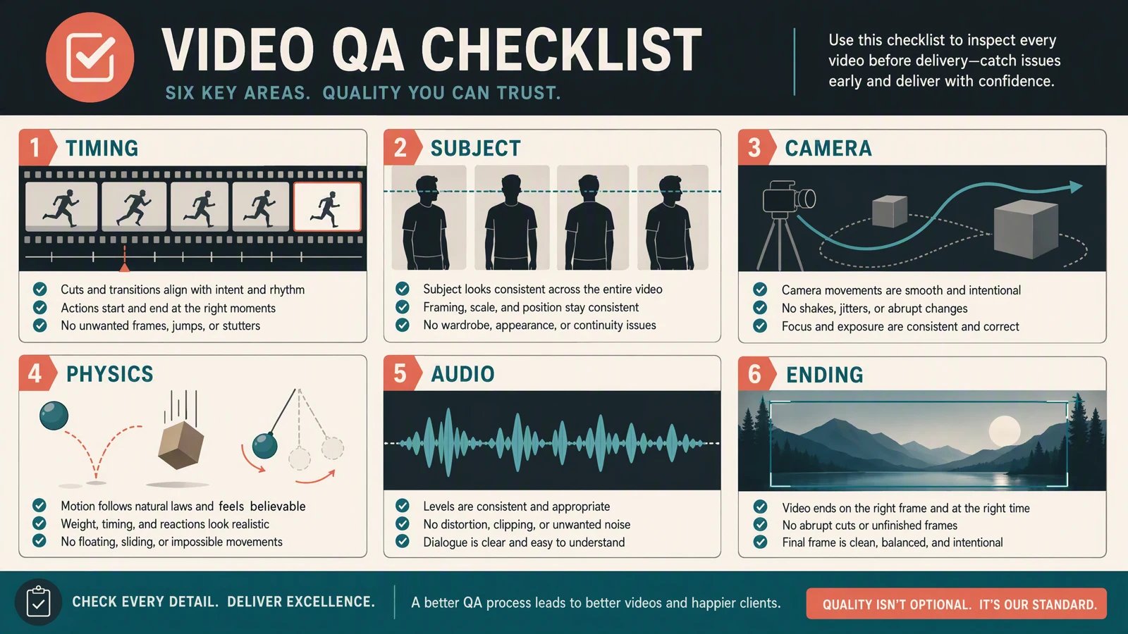 A six-part QA checklist for timing, subject, camera, physics, audio, and ending.