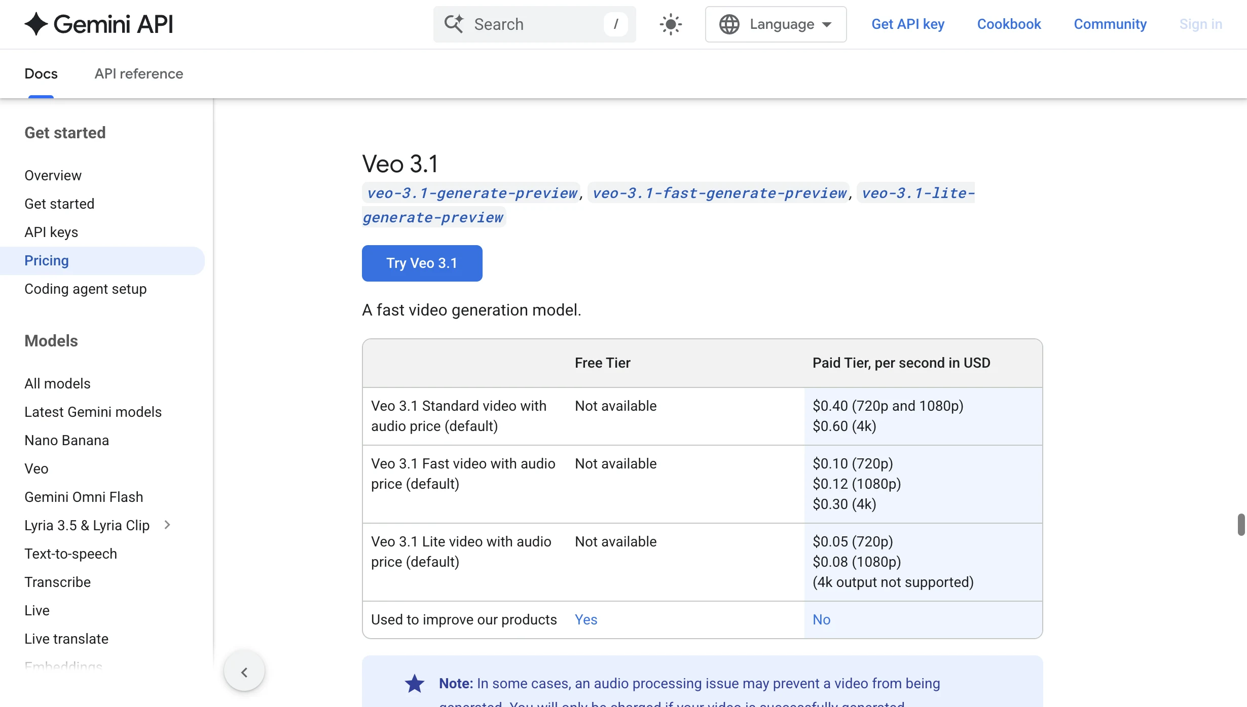 Tabla de precios de Google Gemini API para Veo 3.1