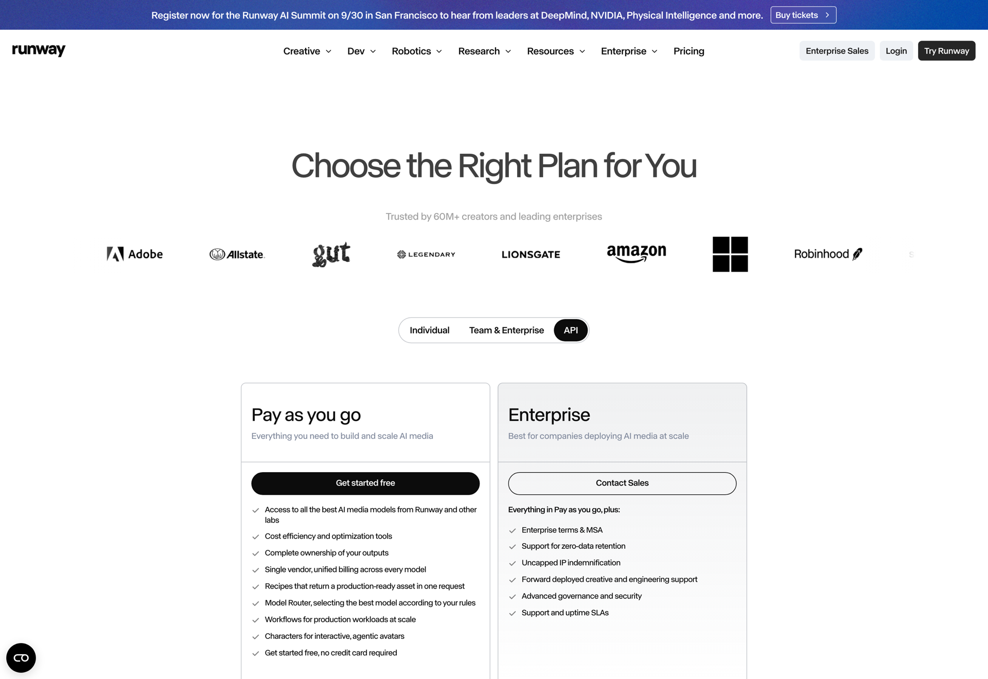 Runway's API pricing showing pay-as-you-go video, image and audio rates