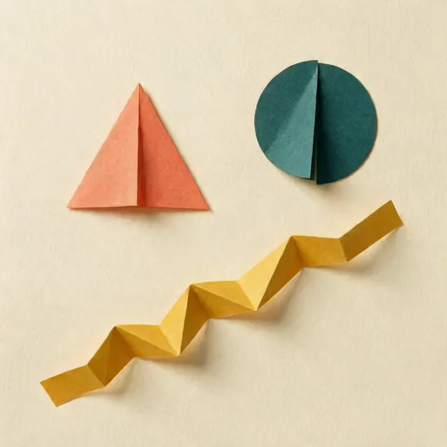 Prueba de Seedance 2.5 con el prompt de formas de papel guiadas por música: un triángulo coral, un círculo verde azulado y una tira mostaza plegada empiezan separados, se vuelven a plegar y, por último, quedan apretados en un solo grupo superpuesto.