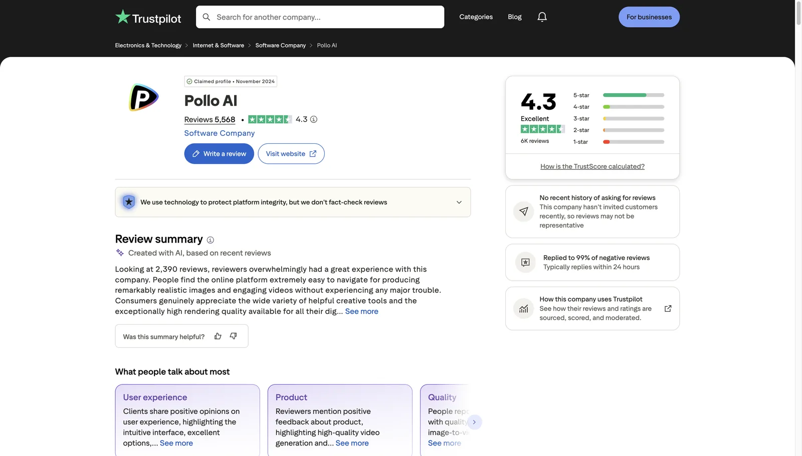 Pollo AI on Trustpilot: 4.3 TrustScore from 5,568 reviews, claimed profile, no recent history of asking for reviews