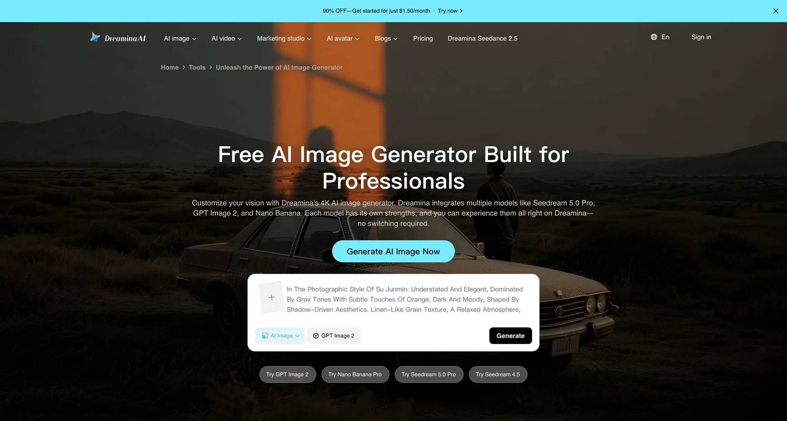Dreamina AI 圖片生成器頁面：為專業人士打造的免費 AI 圖片生成器，已選擇 GPT Image 2