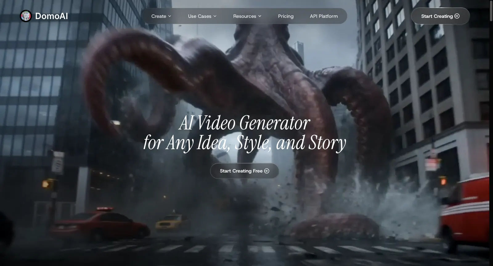 DomoAI home page, logged out, English: AI Video Generator for Any Idea, Style, and Story, with a Start Creating Free button over a sample video