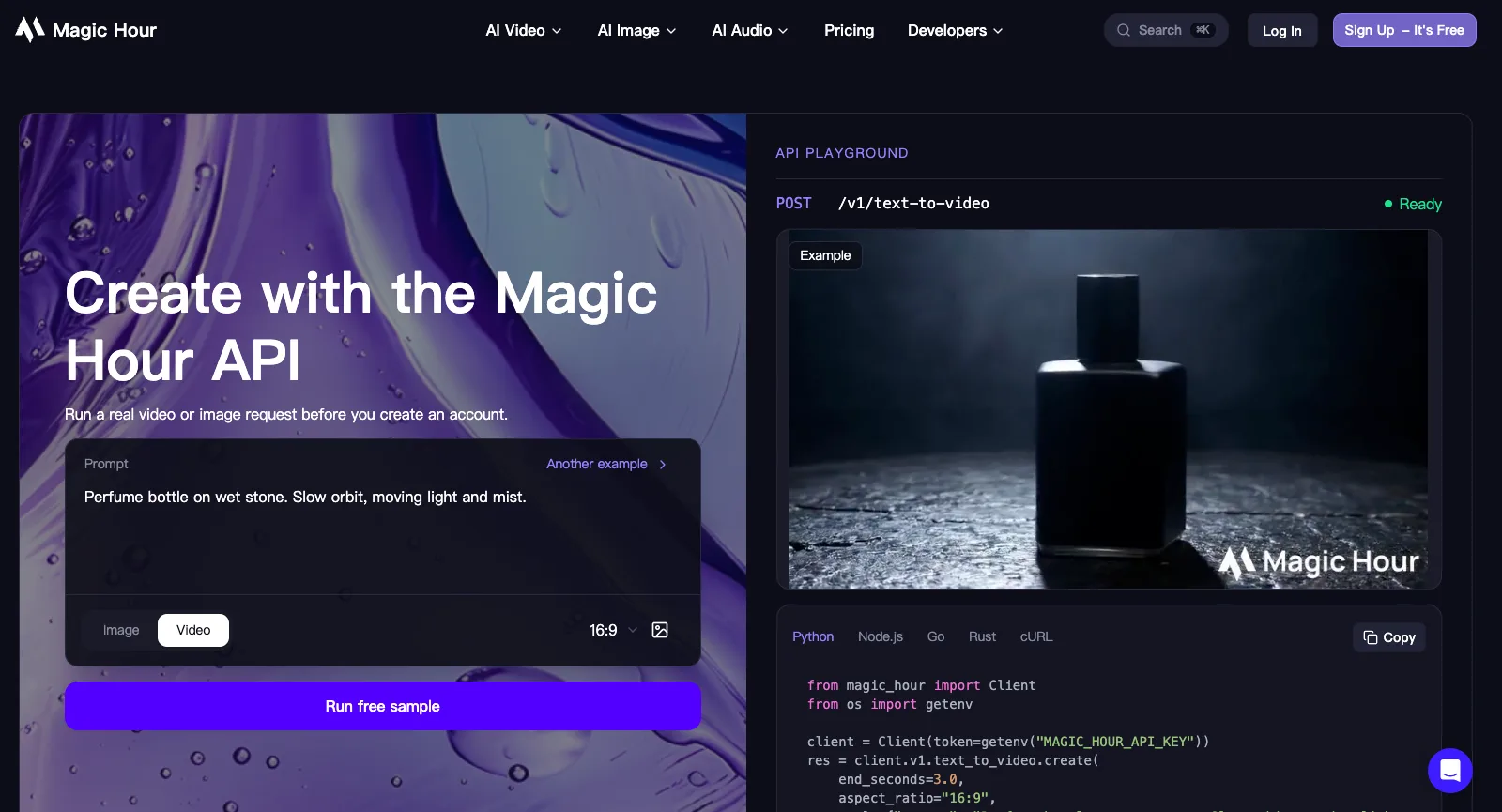 Strona API Magic Hour bez logowania: Create with the Magic Hour API, pole promptu z Run free sample i playground API dla POST /v1/text-to-video z zakładkami Python, Node.js, Go, Rust i cURL
