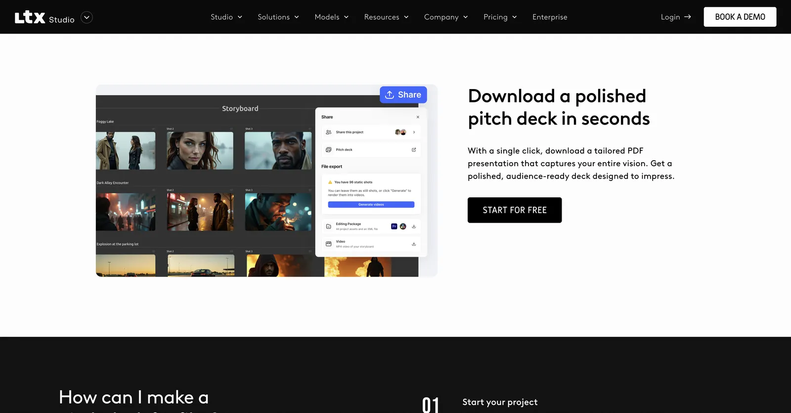 Página del Pitch Deck Generator de LTX Studio, sin iniciar sesión: un guion gráfico con un panel Share para exportar un pitch deck, un paquete de edición o un video