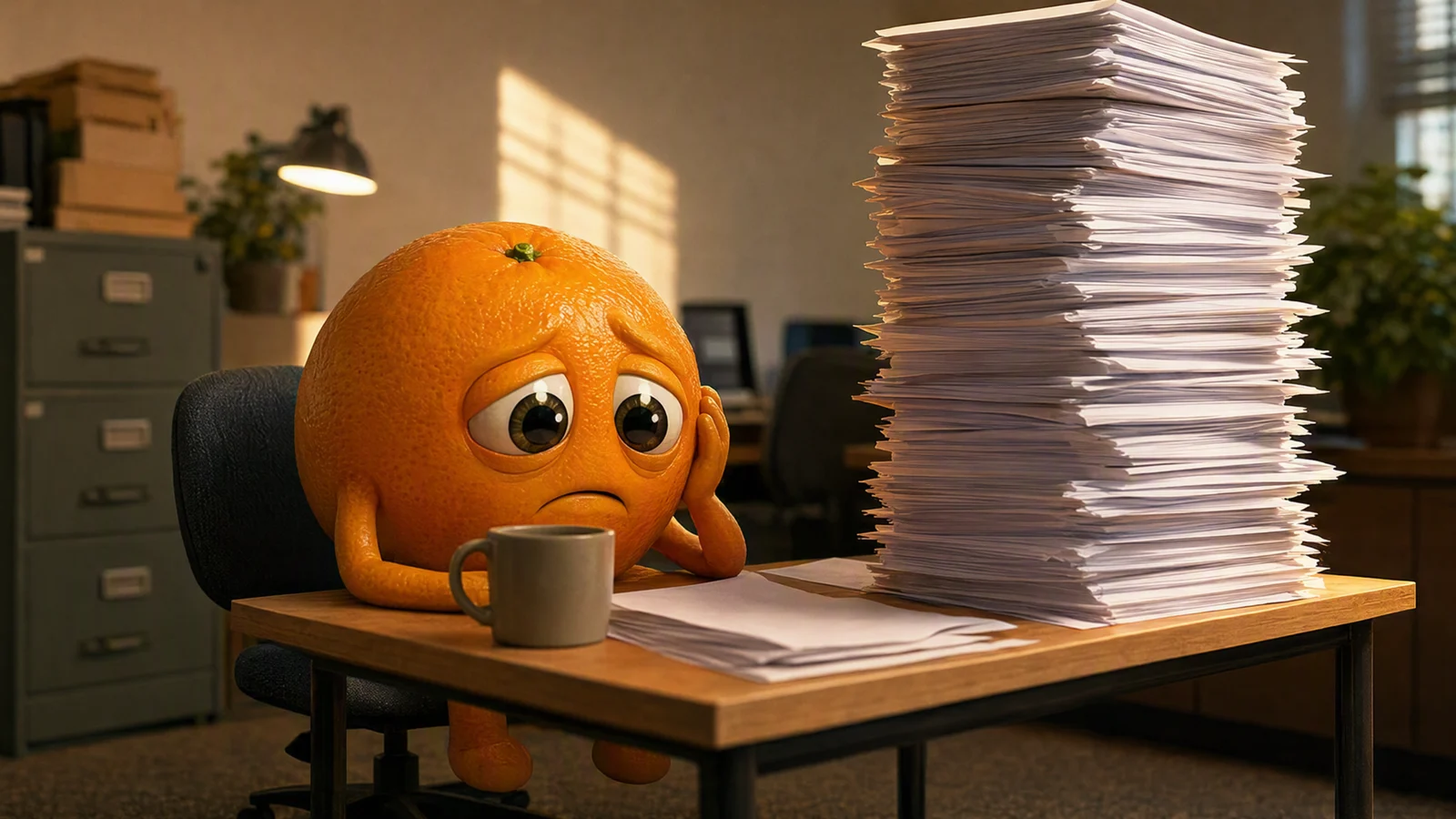 A tired orange at a tiny office desk with a tall paper stack