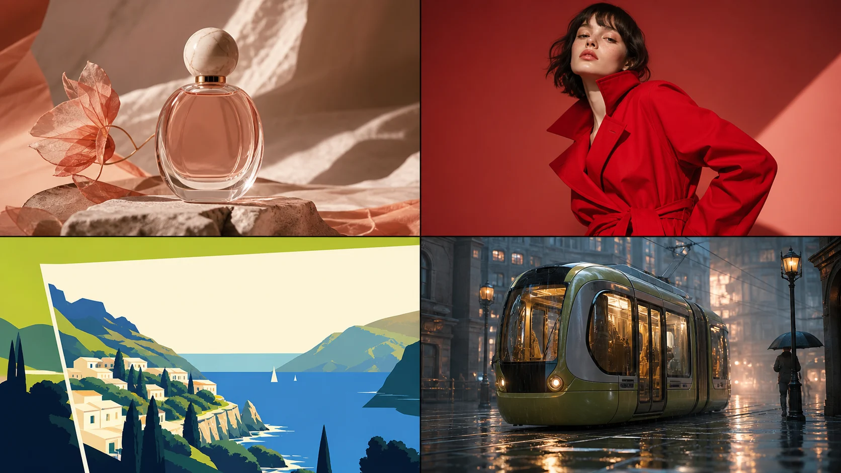 Four original AI image concepts: perfume product photography, fashion editorial, travel illustration, and a cinematic tram scene
