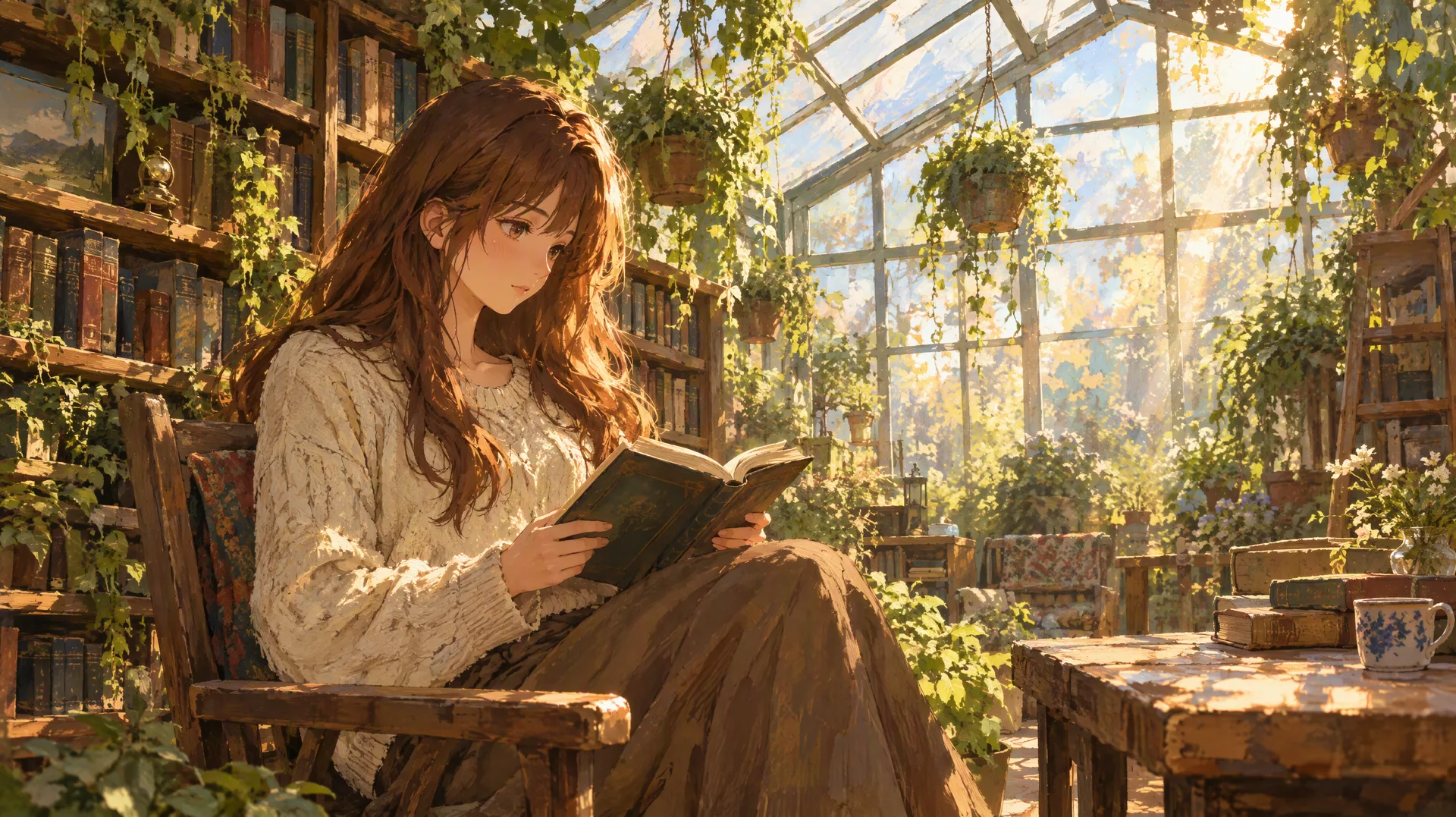 Young woman with long chestnut hair reads a book in a sunlit glass greenhouse library in painterly anime style